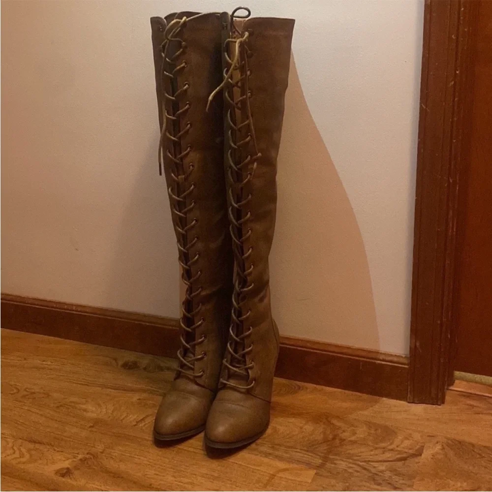 Brown lace up over the knee heeled boot winter fall boot high heeled boots